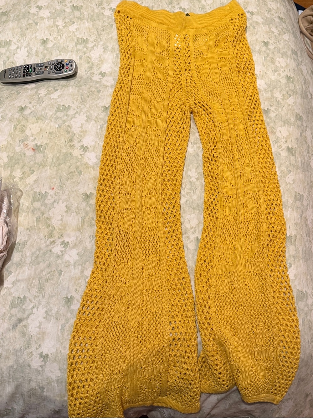 Celandine Crochet Knit Bell-Bottom Pants in Mustard Yellow